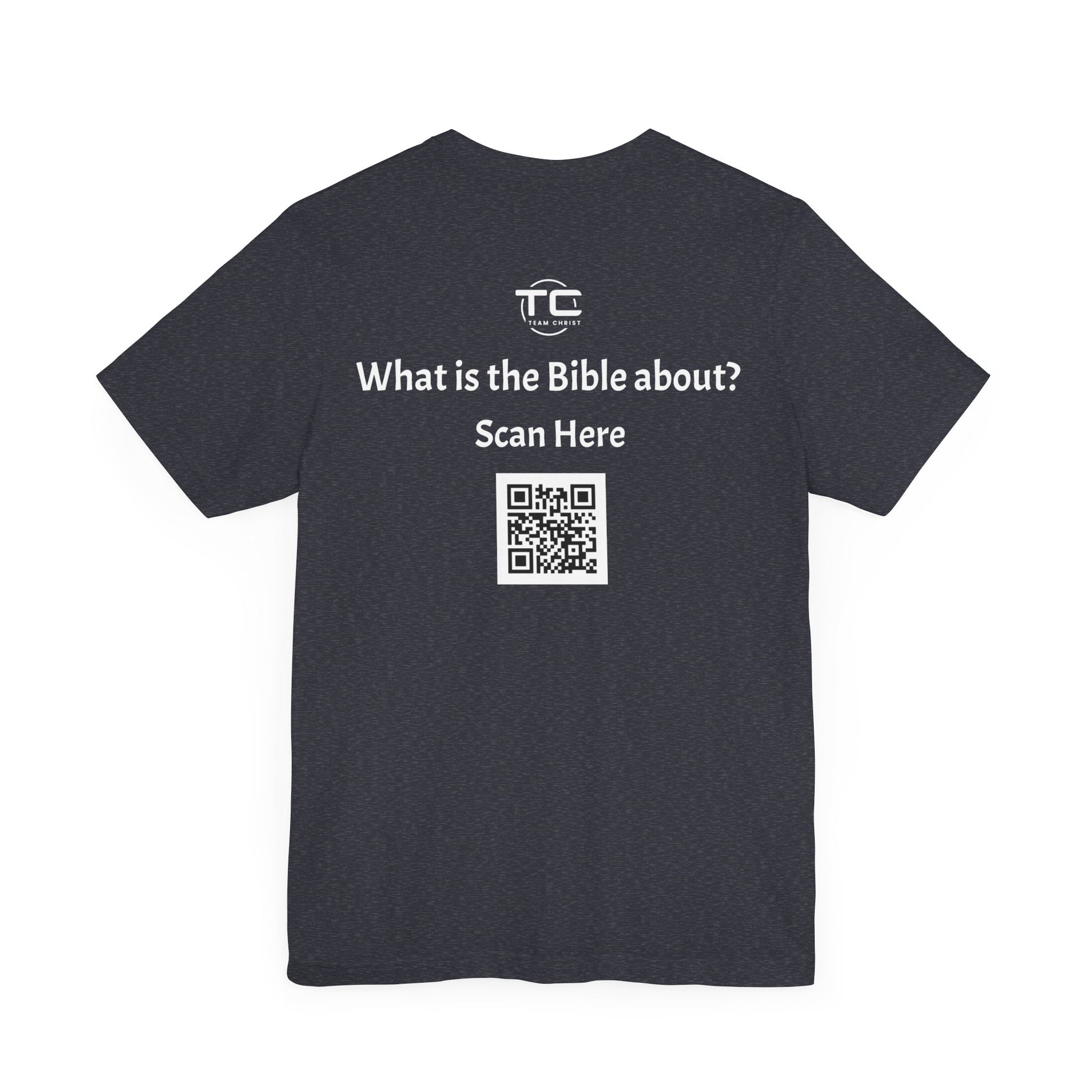 Heather navy tee shirt with a QR Code linking to a Christian blog "What is the Bible about"?, perfect for sharing biblical blog content. Back Image