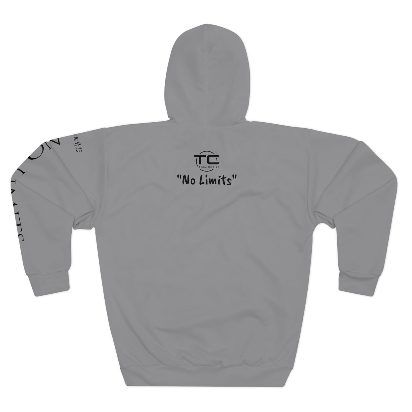 Grey No Limits Christian hoodie with writing on the left sleeve, ideal for expressing faith and style in a godly hoodie. Back image.