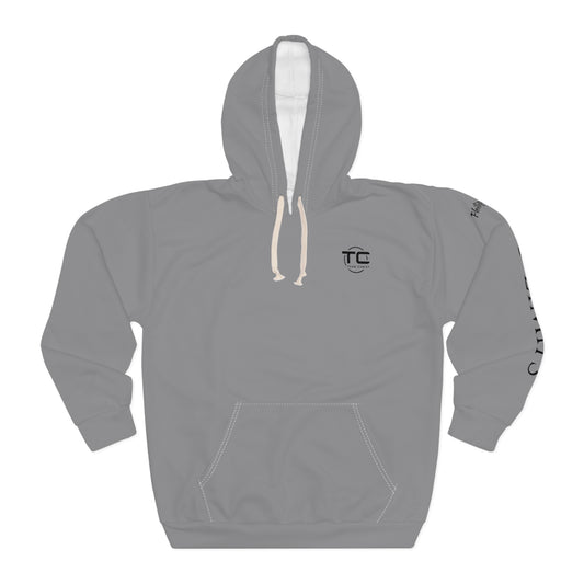 Grey No Limits Christian hoodie with writing on the left sleeve, ideal for expressing faith and style in a godly hoodie. Front image.