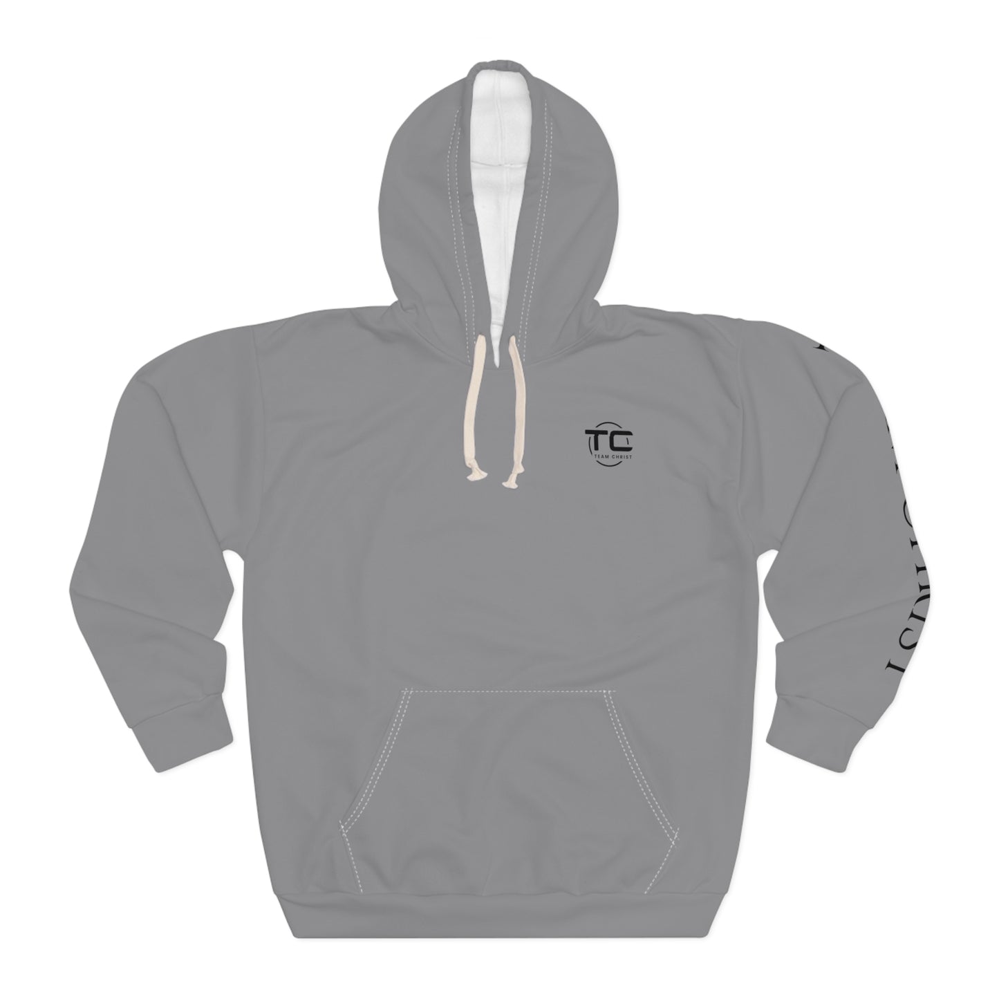 Grey Team Christ Christian hoodie with writing on the left sleeve, ideal for expressing faith and style in a godly hoodie. Front image.