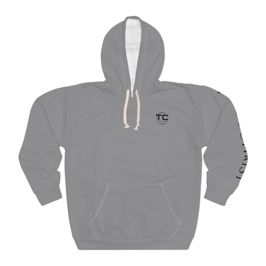 Grey Team Christ Christian hoodie with writing on the left sleeve, ideal for expressing faith and style in a godly hoodie. Front image.