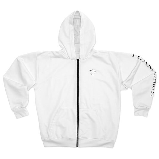 White Team Christ Christian Zip hoodie with writing on the left sleeve, ideal for expressing faith and style in a godly hoodie. Front Image