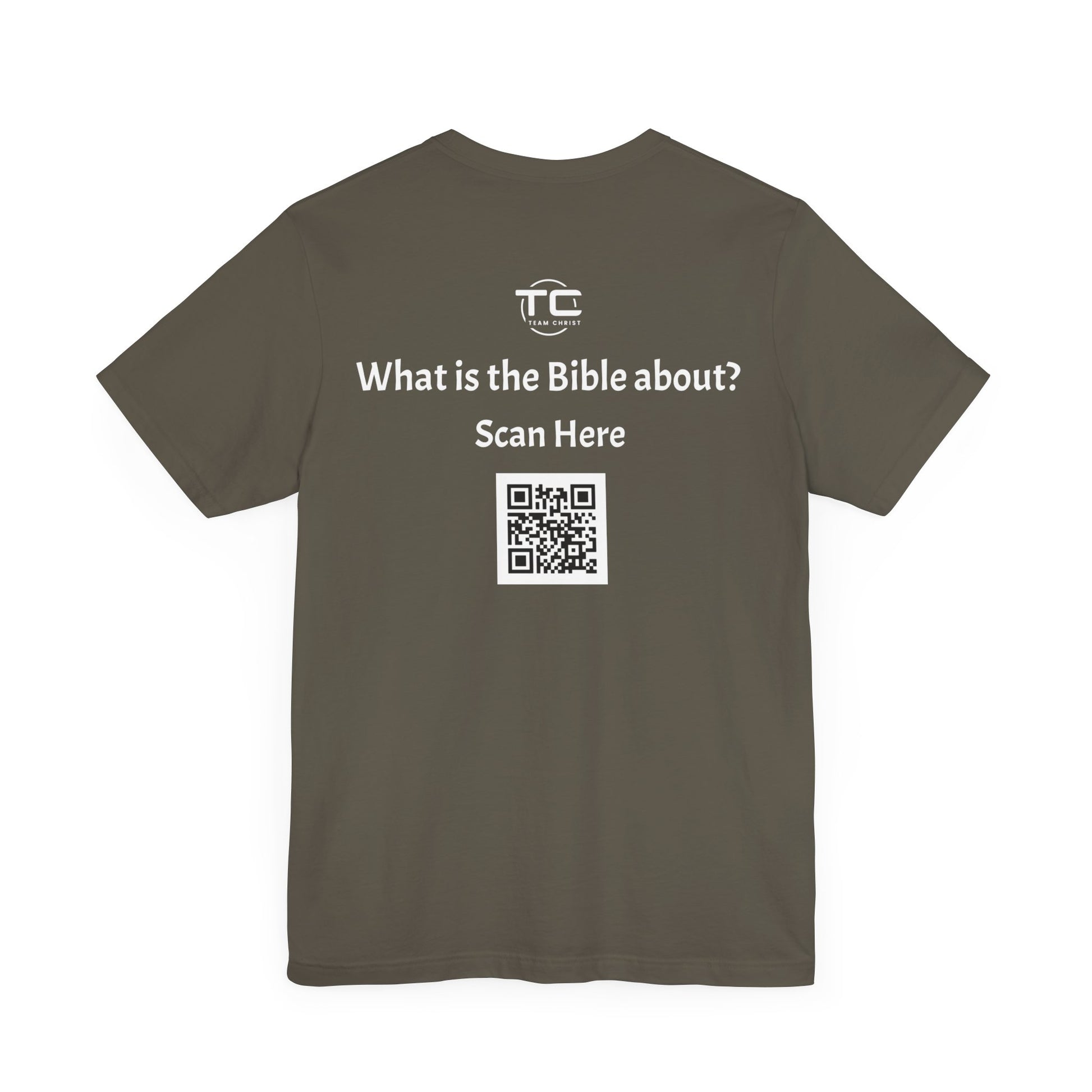 Army Green tee shirt with a QR Code linking to a Christian blog "What is the Bible about"?, perfect for sharing biblical blog content. Back Image