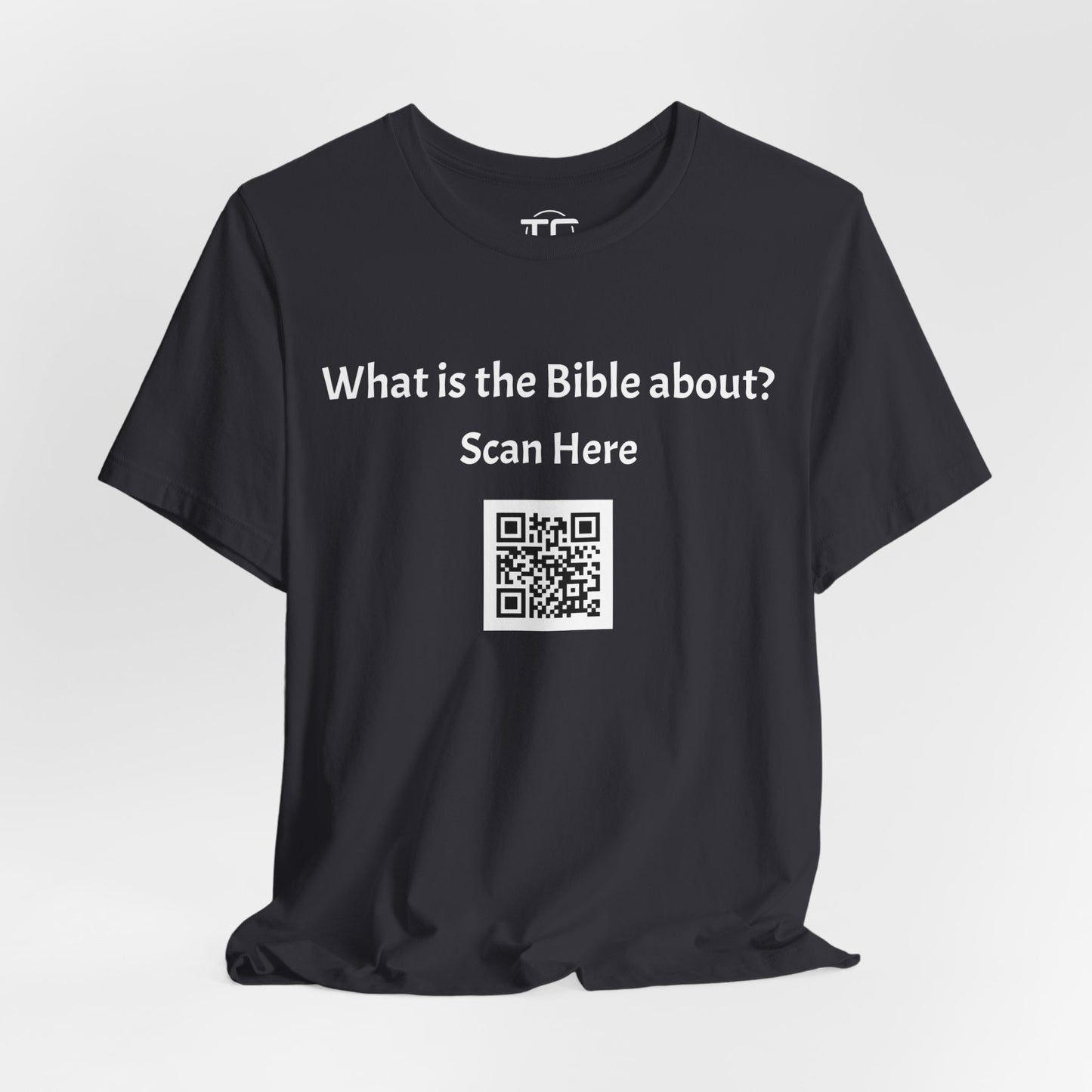 Dark Grey tee shirt with a QR Code linking to a Christian blog "What is the Bible about"?, perfect for sharing biblical blog content. Front Image