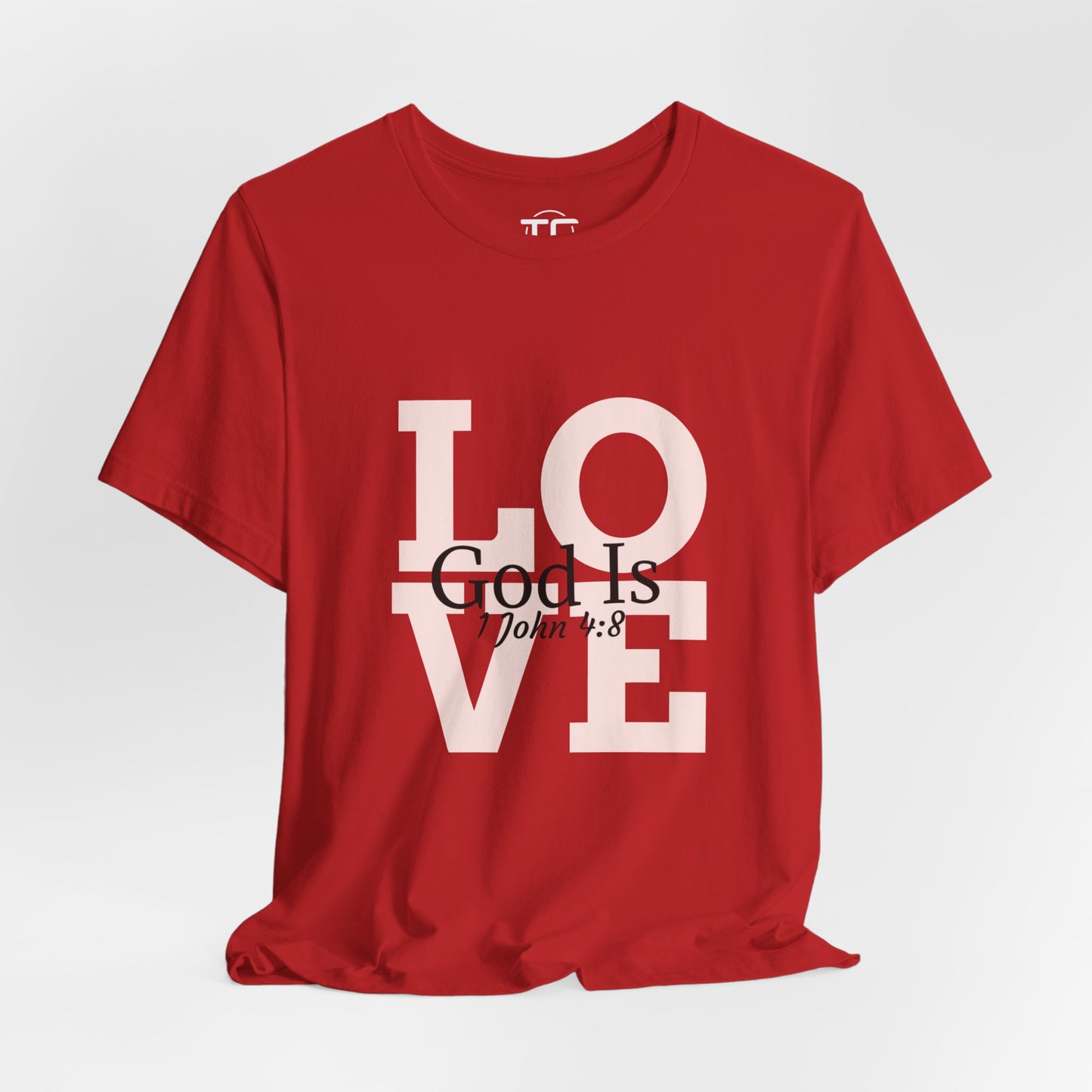 Red Christian themed shirt inspired by 1 John 4:8 featuring a stylish design, perfect for cool Christian tees collection. Front Image