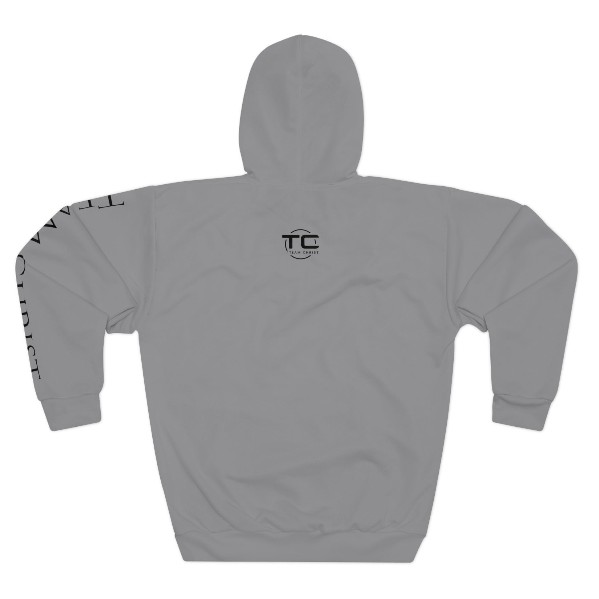 Grey Team Christ Christian hoodie with writing on the left sleeve, ideal for expressing faith and style in a godly hoodie. Back image.