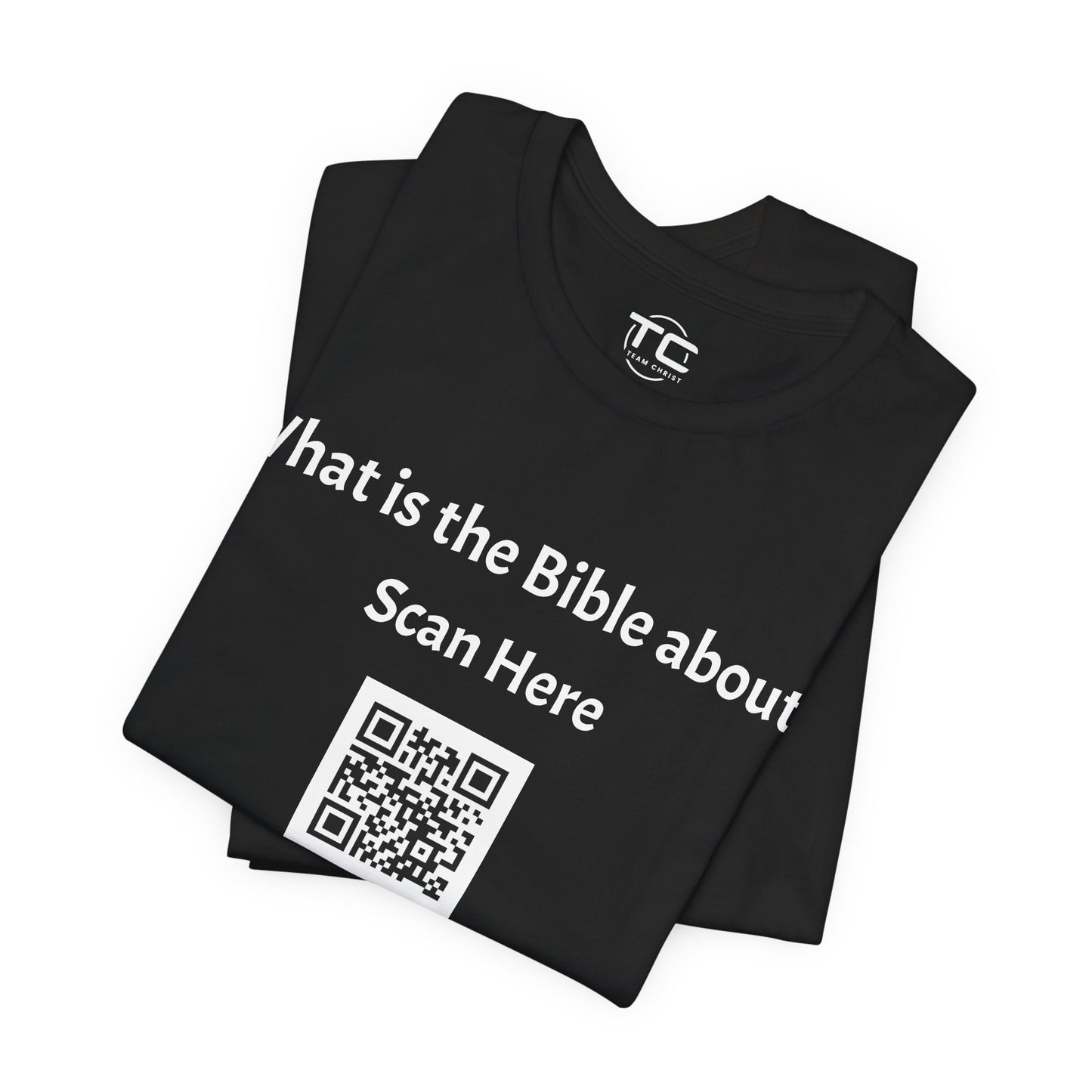 Black tee shirt with a QR Code linking to a Christian blog "What is the Bible about"?, perfect for sharing biblical blog content. Front folded Image