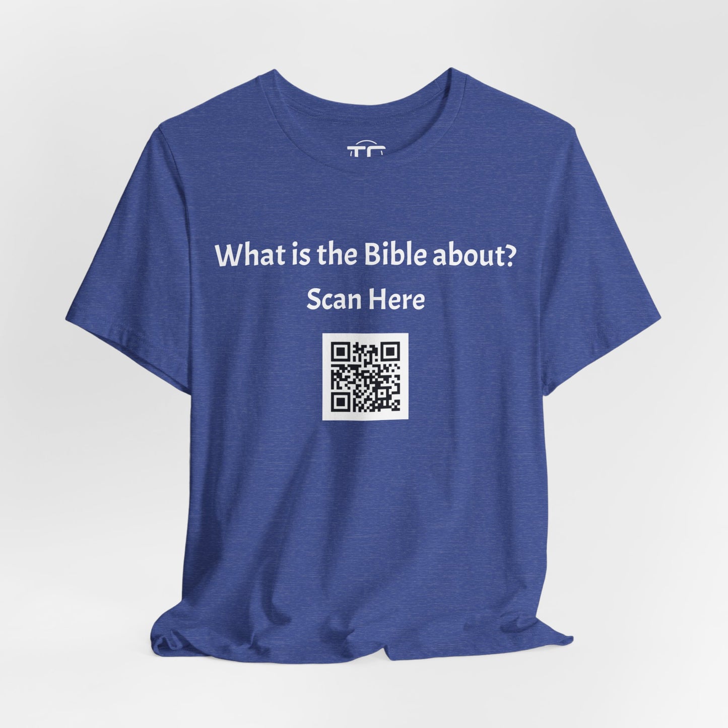 Heather Blue tee shirt with a QR Code linking to a Christian blog "What is the Bible about"?, perfect for sharing biblical blog content. Front Image