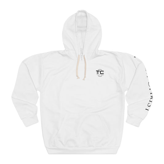 White Team Christ Christian hoodie with writing on the left sleeve, ideal for expressing faith and style in a godly hoodie. Front image.