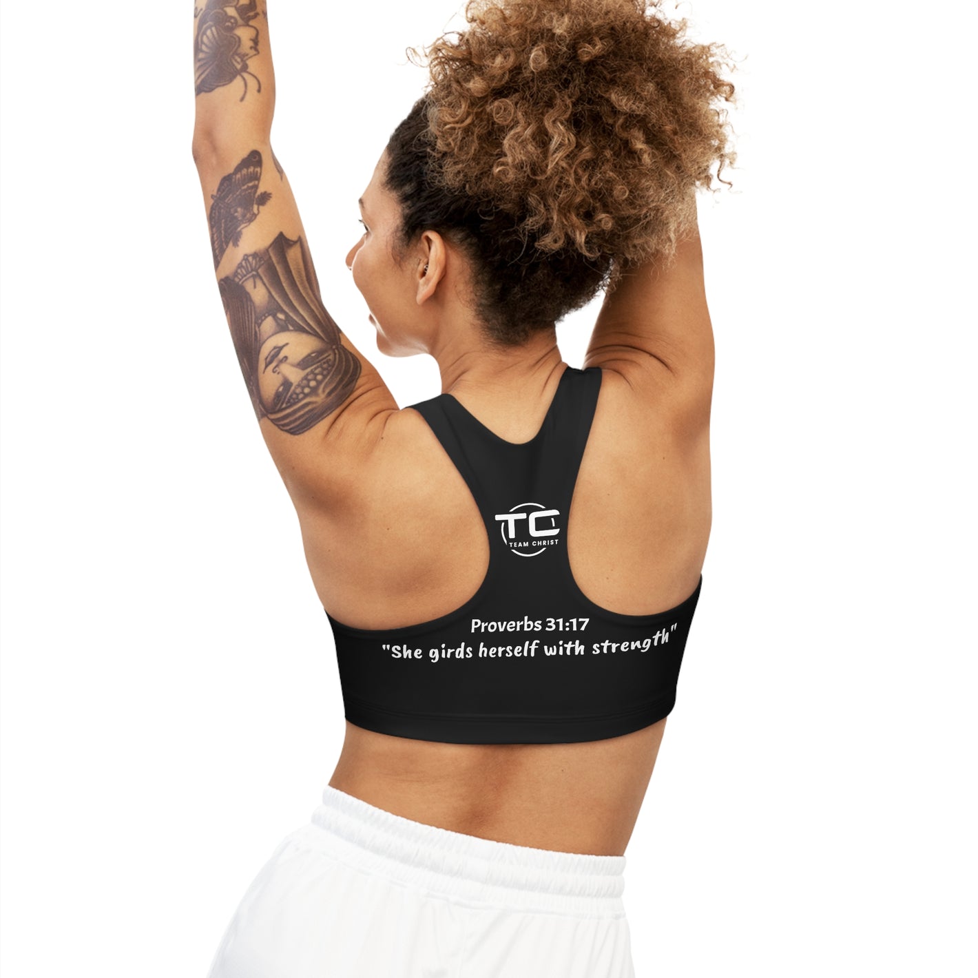 Christian black sports bra with Team Christ Logo. Proverbs 31:17 "She girds herself with strength".